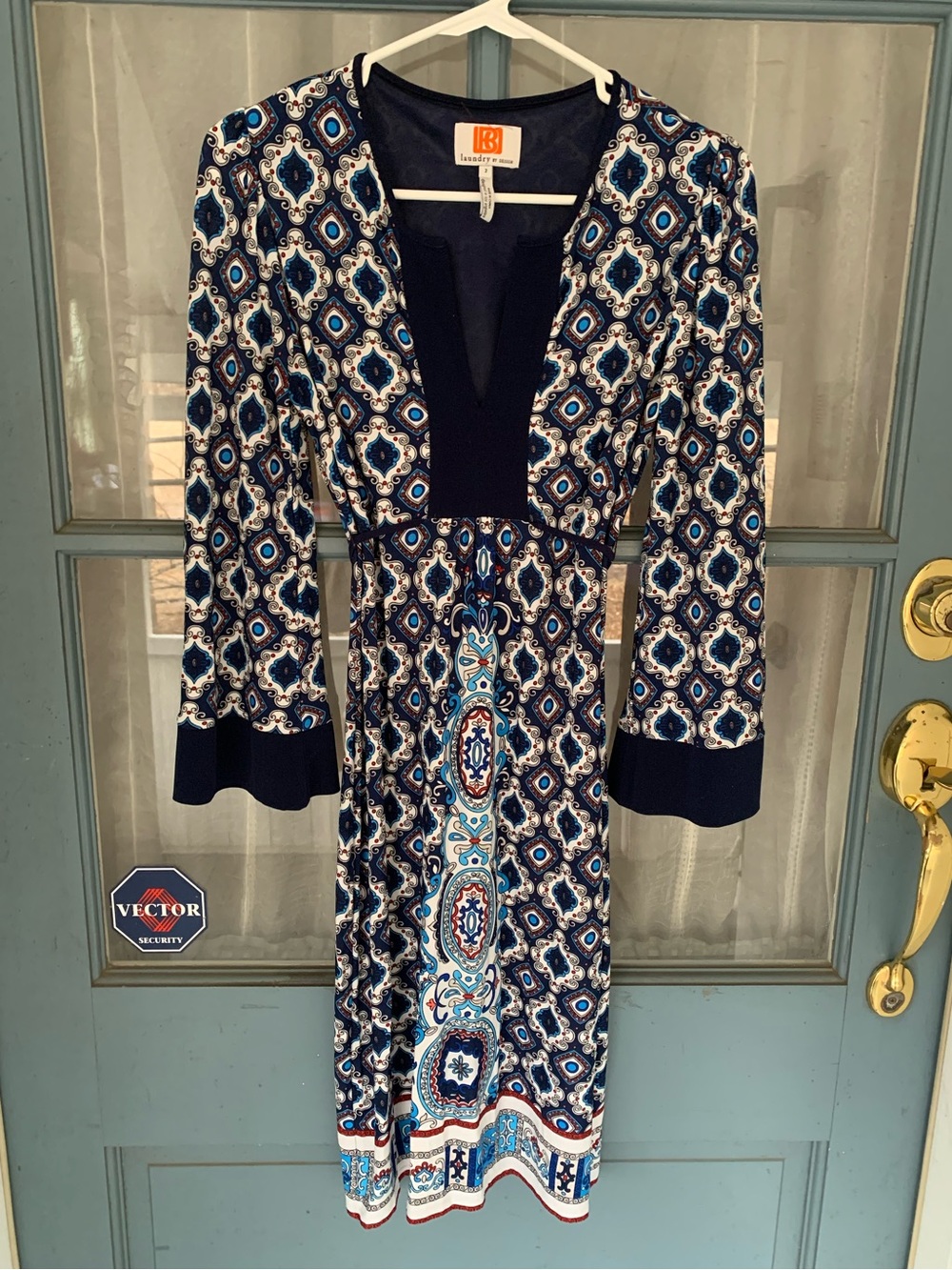 Laundry by Design Navy, Blue and White Printed V‑Neck Midi Dress